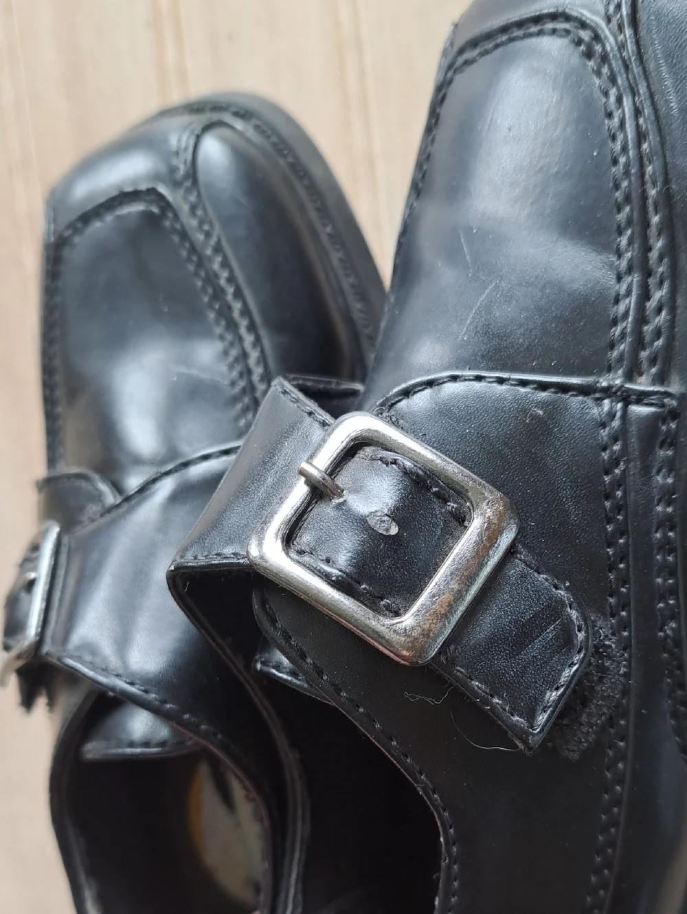 Scott David Formal Boy Blk Square Toe Dress Shoes Velcro Strap Silver Buckle
